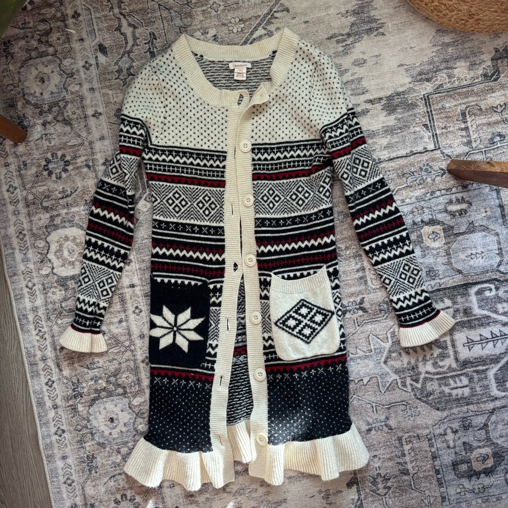Sundance fair isle Nordic Cardigan Wool sweater Ruffle size S